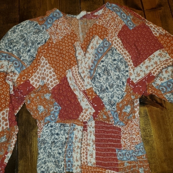 143 Story Patchwork Peasant Top, Elastic Waist, Long Sleeve, S - Picture 6 of 11